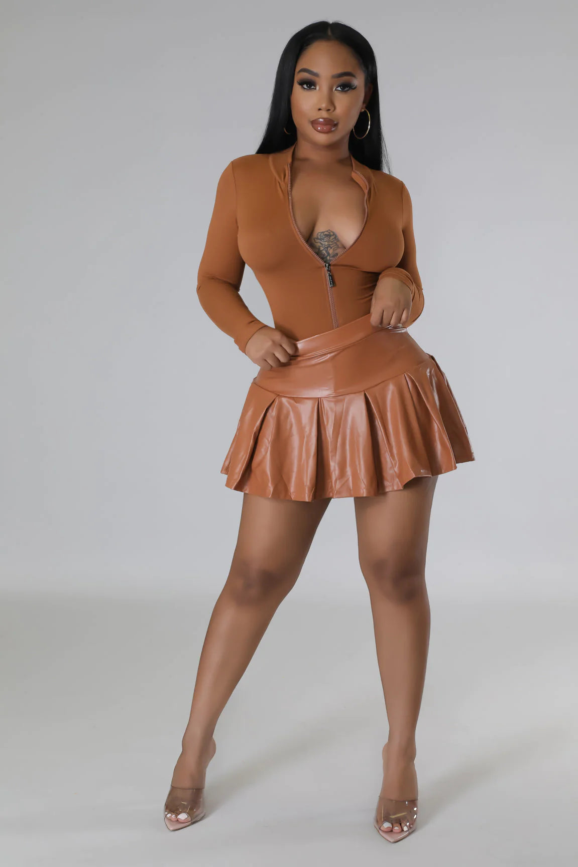 River High Faux Leather Skirt Set Mocha - Ali’s Couture 
