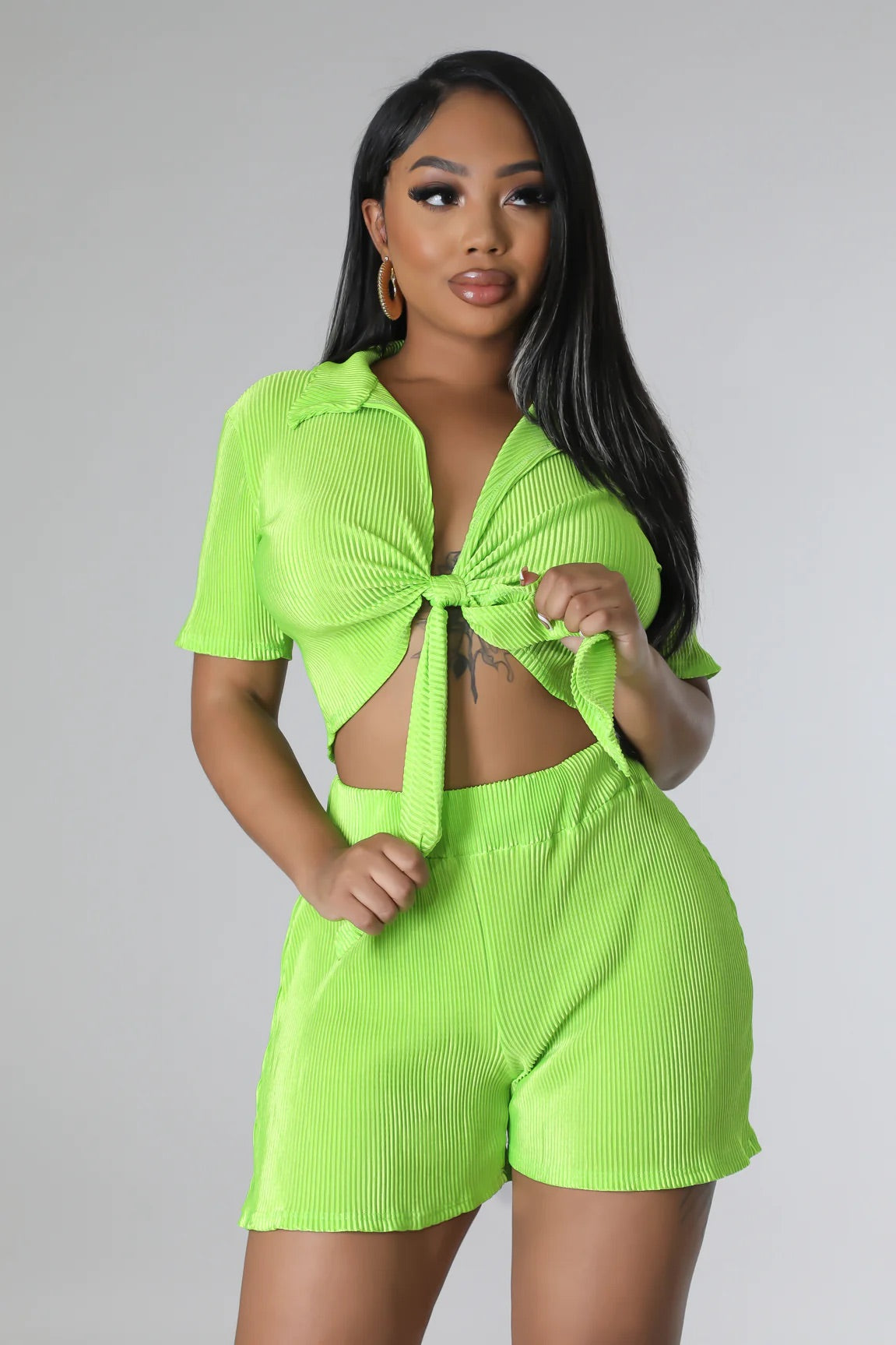 Kiyara Plisse Short Set Apple Green - Ali’s Couture 