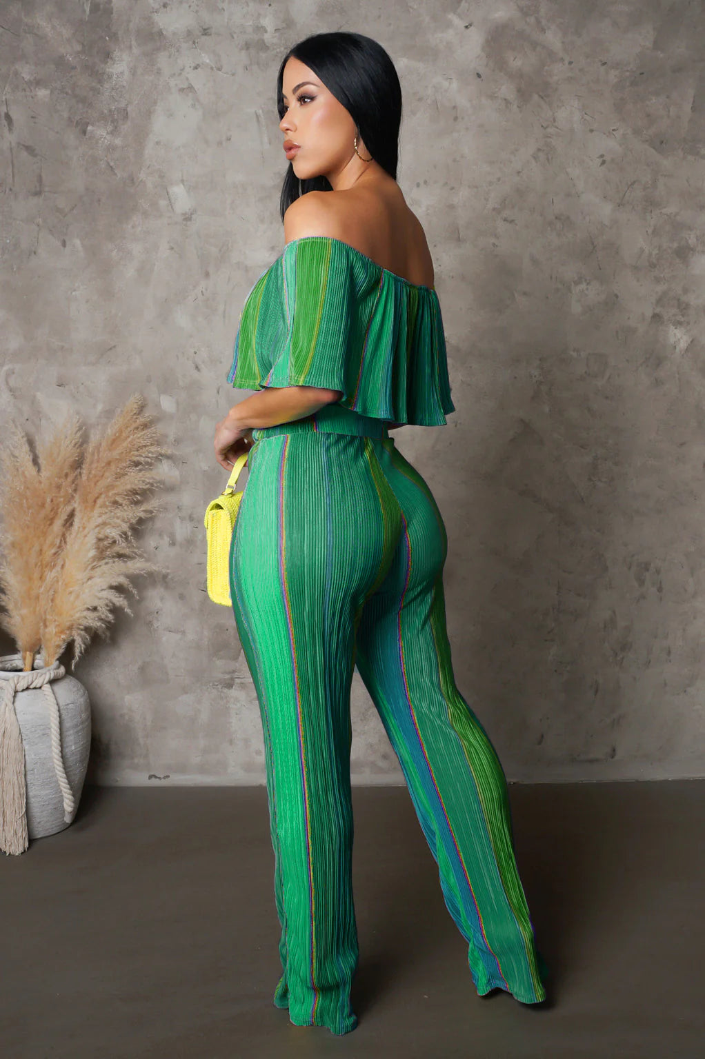 Quiana Off The Shoulder Plisse Pant Set Multi Green - Ali’s Couture 