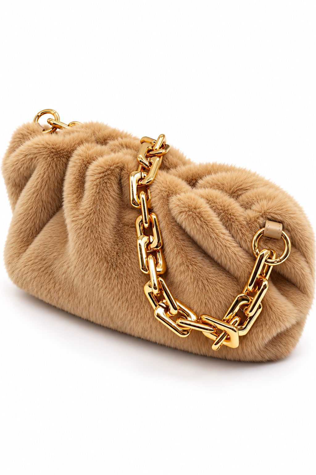 Fara Designer-Inspired Faux Fur Gold Chain Handbag Camel - Ali’s Couture