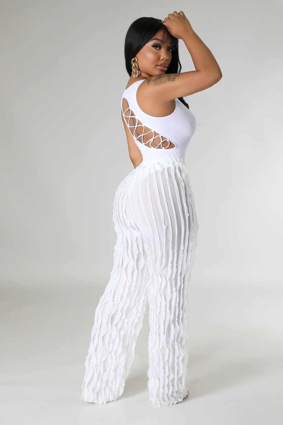 Ruffle Up High Waisted Pants White - Ali’s Couture 