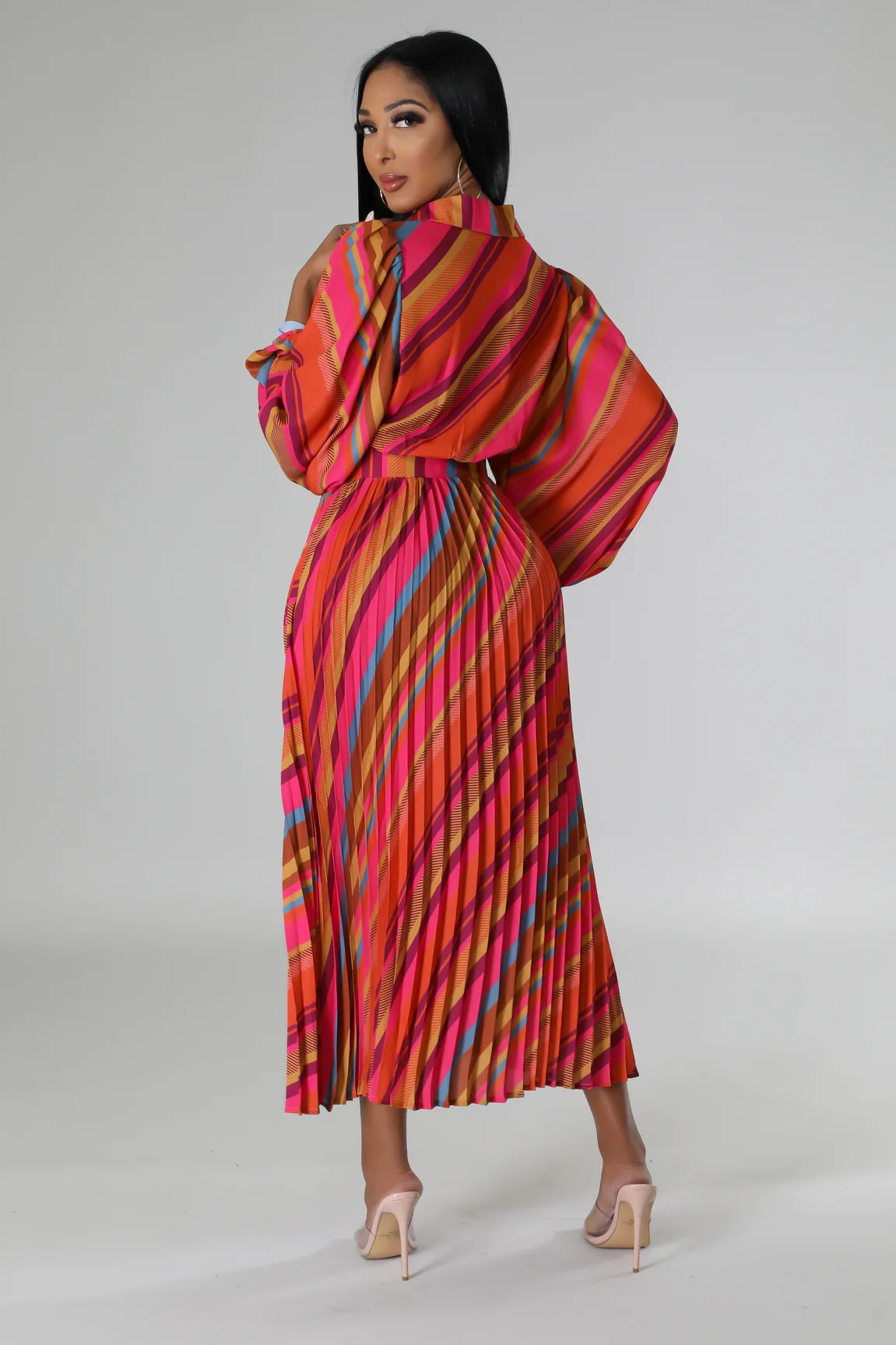Janina Pleated Midi Dress Multi Magenta - Ali’s Couture 
