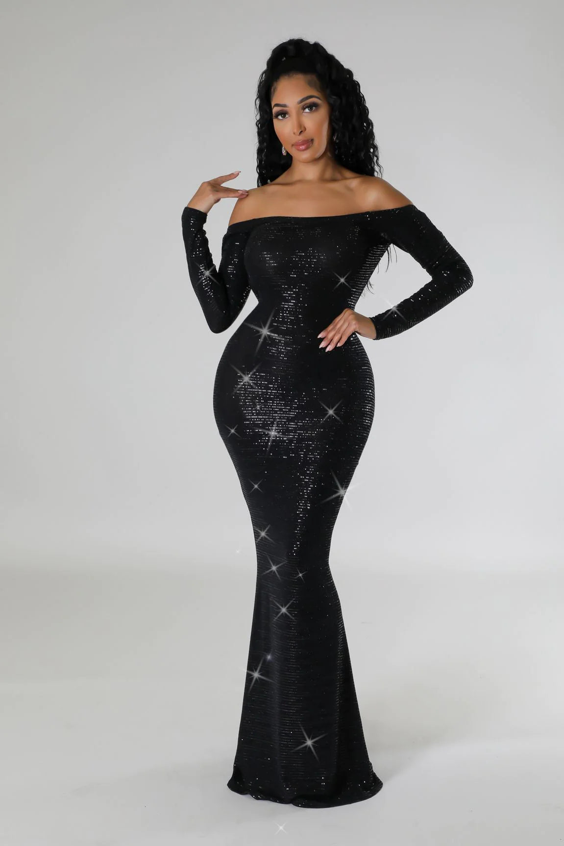 Zarah Off The Shoulder Sequin Maxi Dress Black - Ali’s Couture 