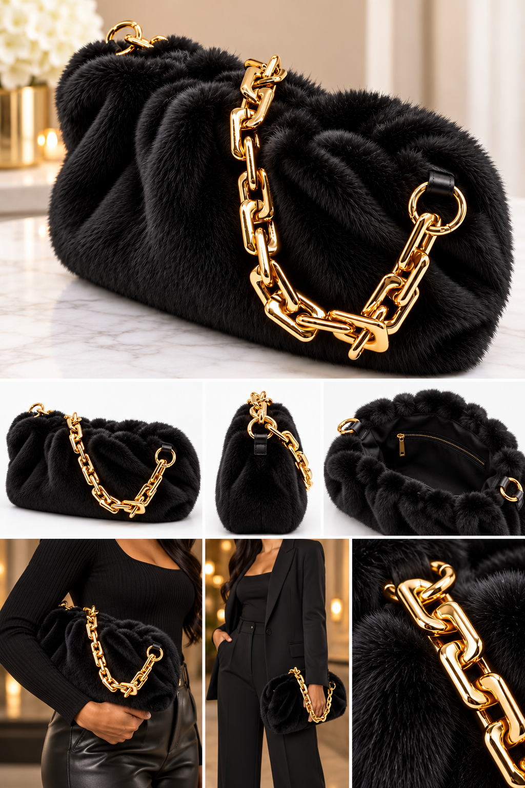 Fara Designer-Inspired Faux Fur Gold Chain Handbag Black - Ali’s Couture