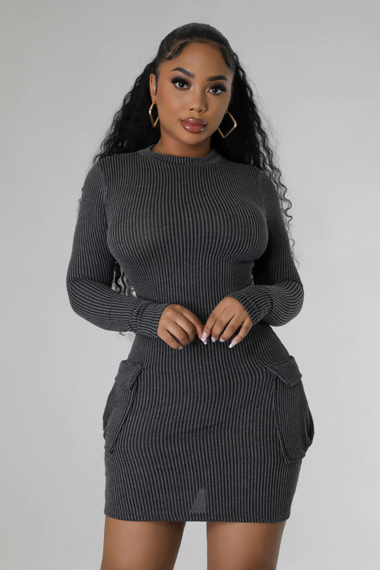 Spiced Up Ribbed Mini Dress Charcoal