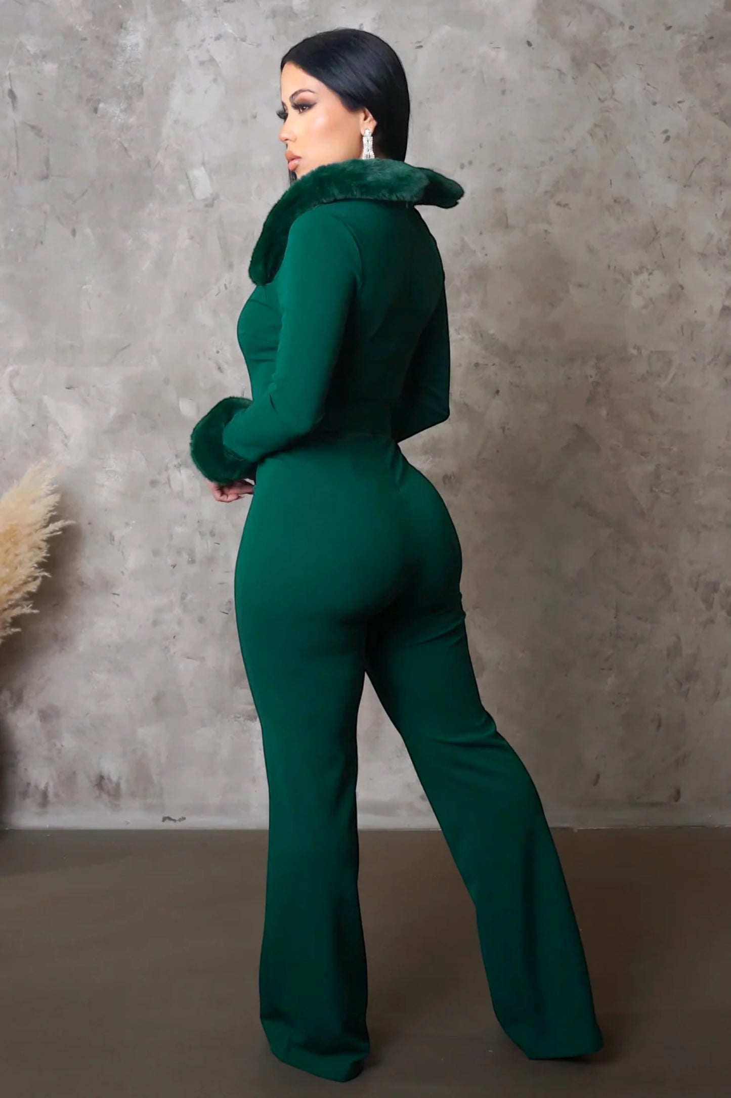 Odette Fur Trim Jumpsuit Green - Ali’s Couture 