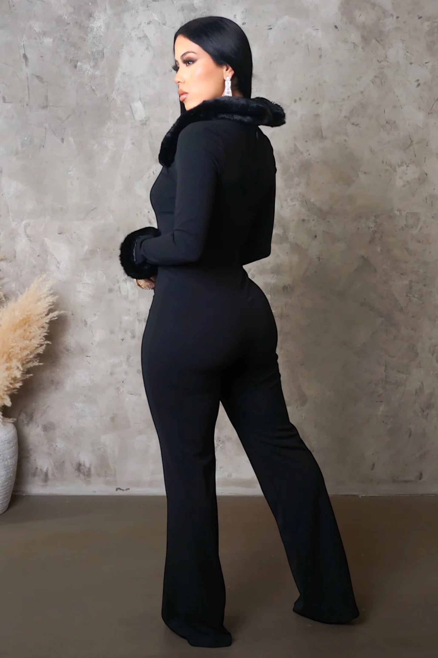 Odette Fur Trim Jumpsuit Black - Ali’s Couture 