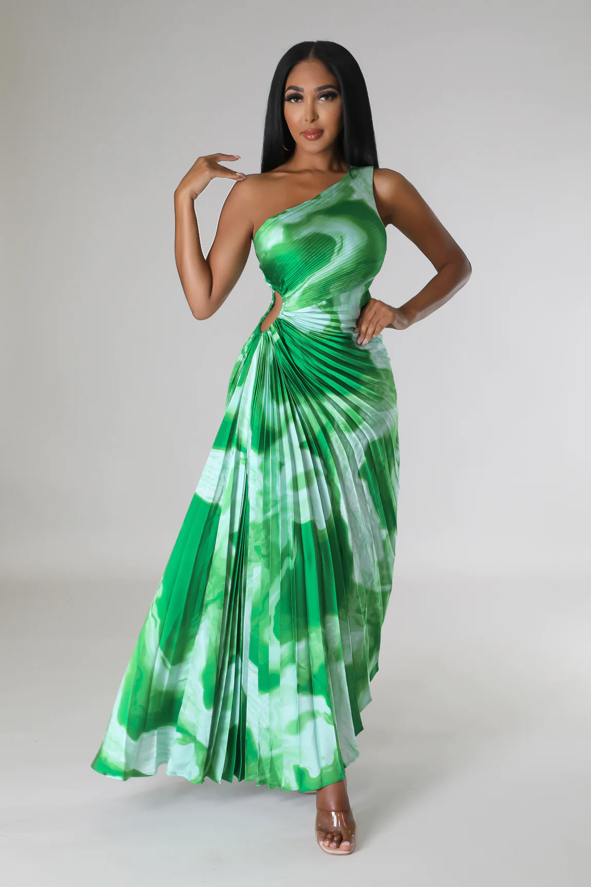 Monae One Shoulder Pleated Midi Dress Multi Green - Ali’s Couture 