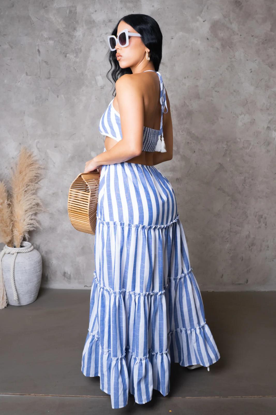 Nausica Cotton Striped Maxi Dress Blue - Ali’s Couture 