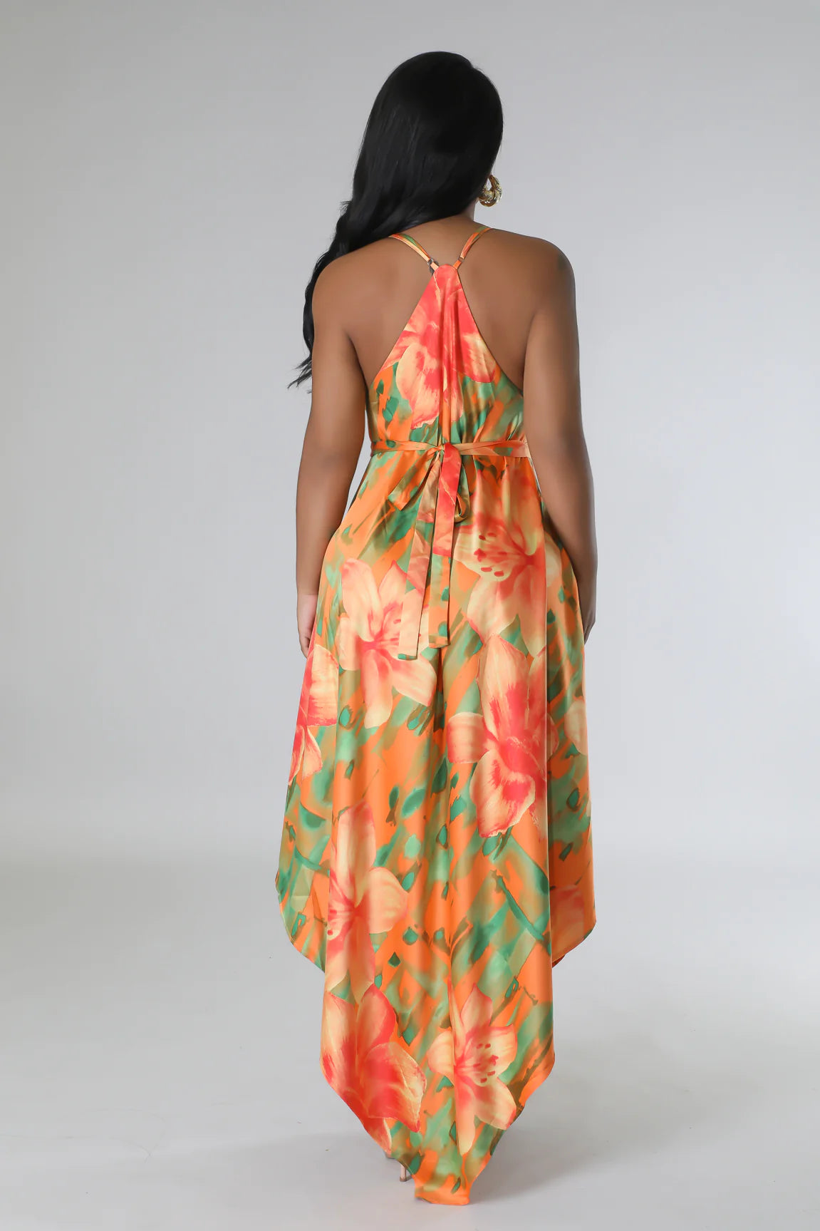 By The Sea Floral Satin Midi Dress Multi Orange - FINAL SALE - Ali’s Couture 