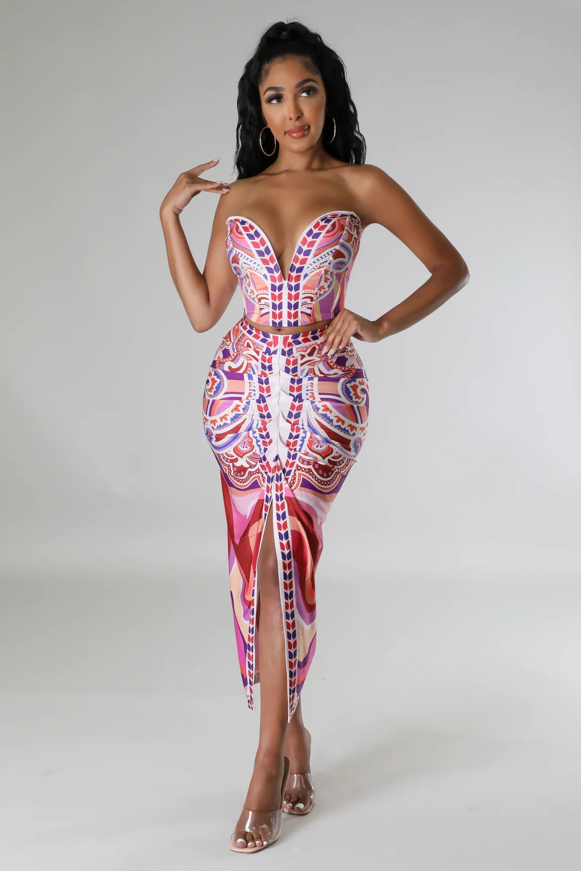 Ranae Strapless Printed Skirt Set Multi Red - Ali’s Couture 