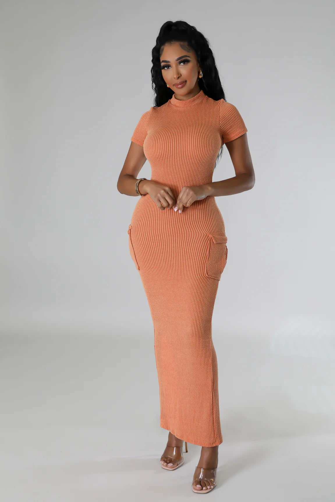 Built In Comfort Ribbed Midi Dress Pumpkin - Ali’s Couture 