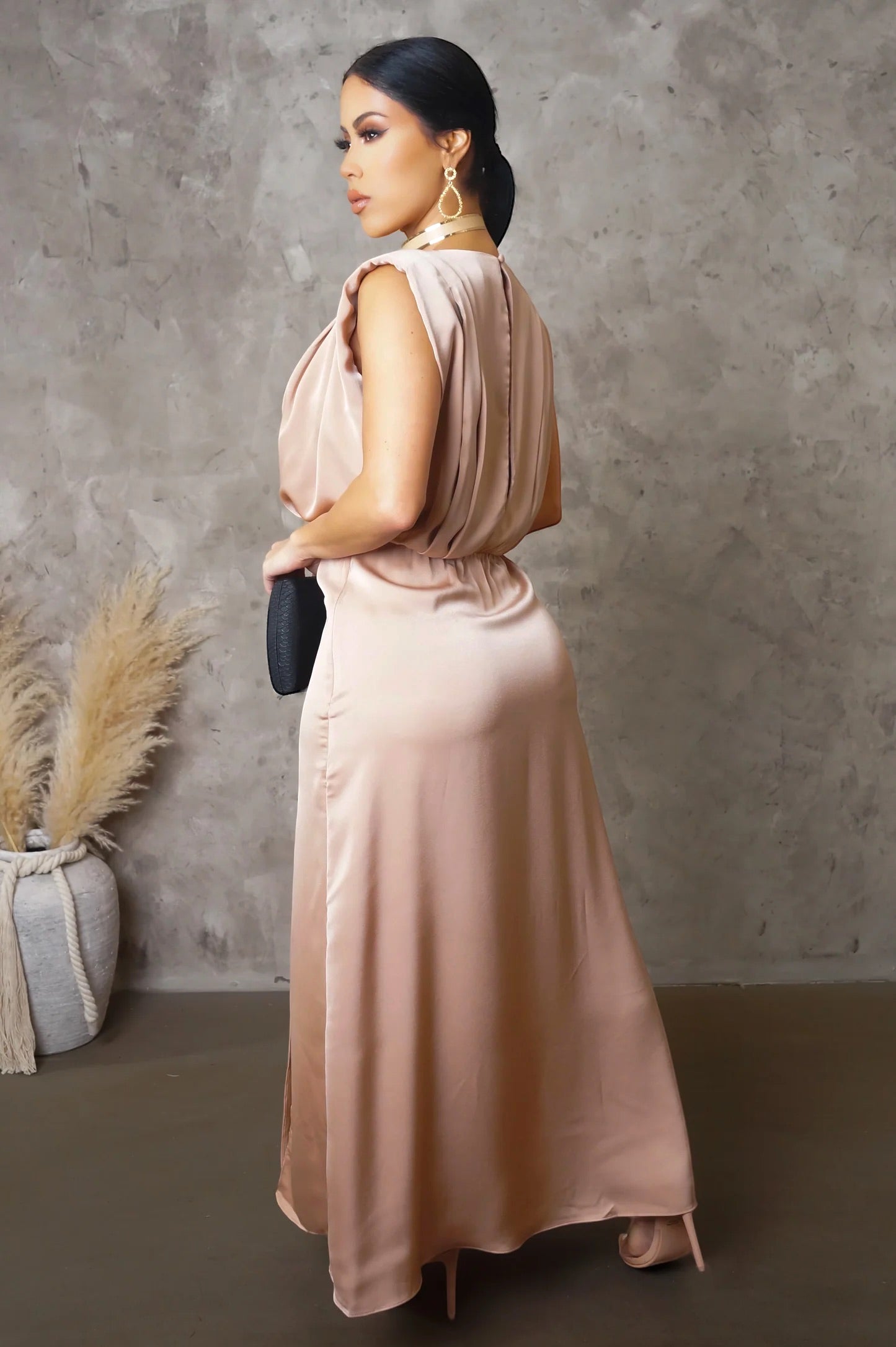 Sophia Satin Midi Dress Champagne - Ali’s Couture 