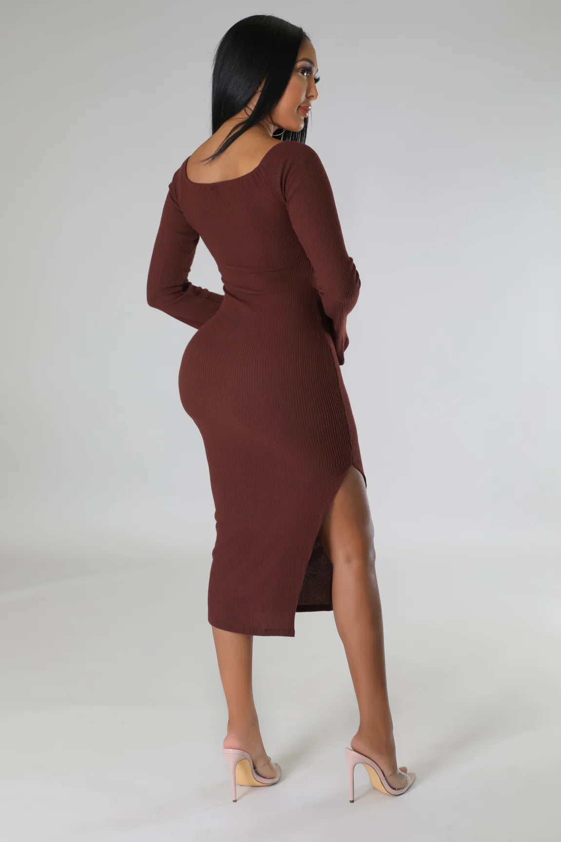 Pasqual Ribbed Midi Dress Multi Cherry Brown - Ali’s Couture 