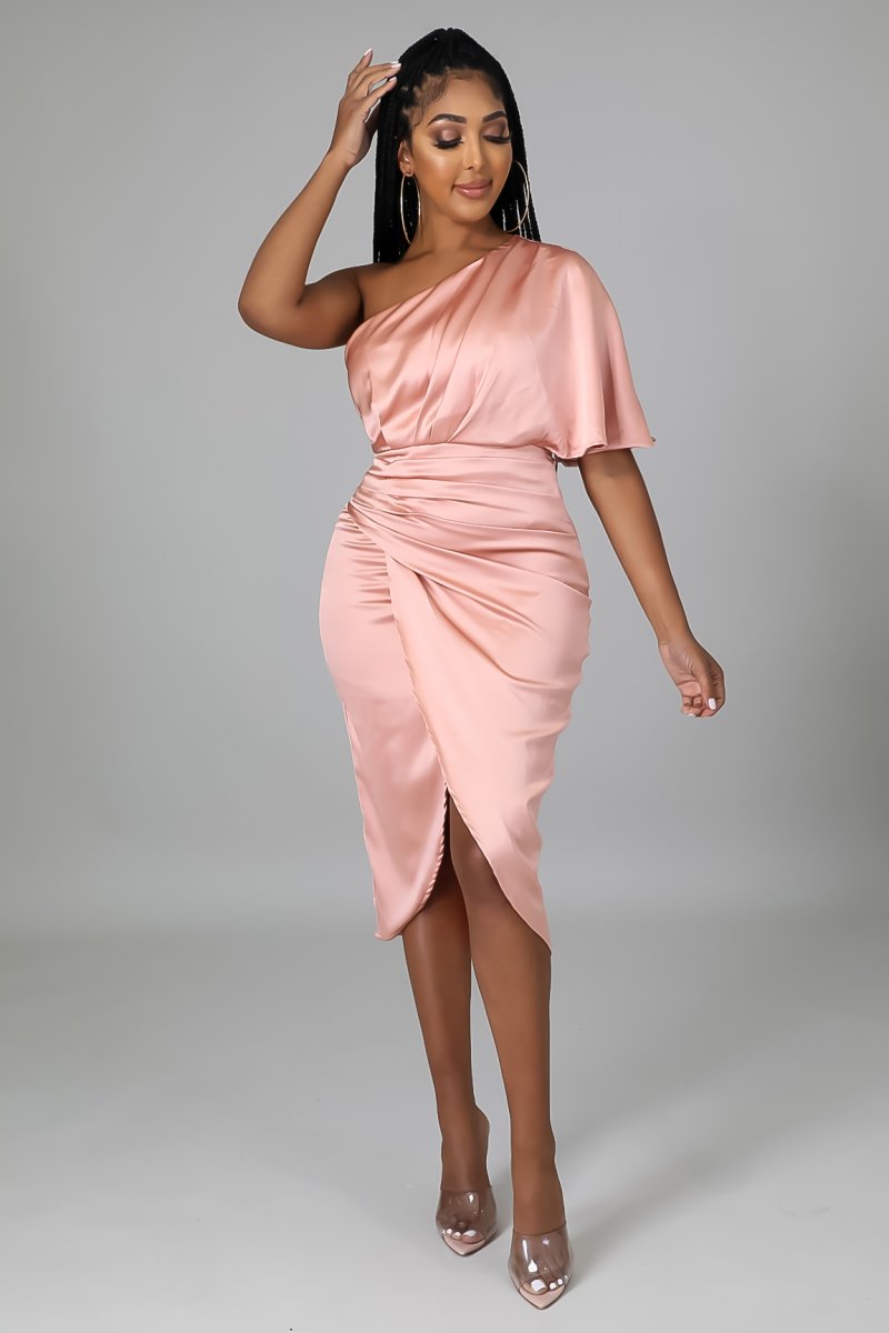Luxx One Shoulder Satin Midi Dress Blush - Ali’s Couture 