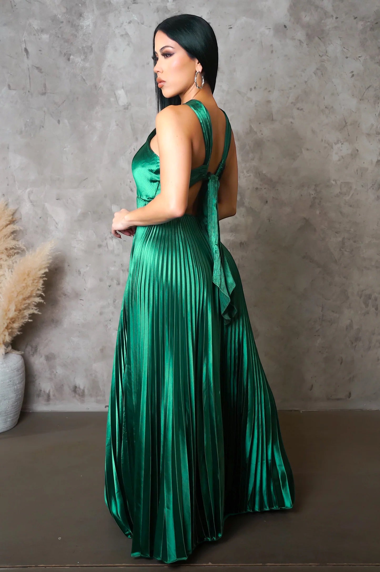 Ella Satin Pleated Maxi Dress Green - Ali’s Couture 
