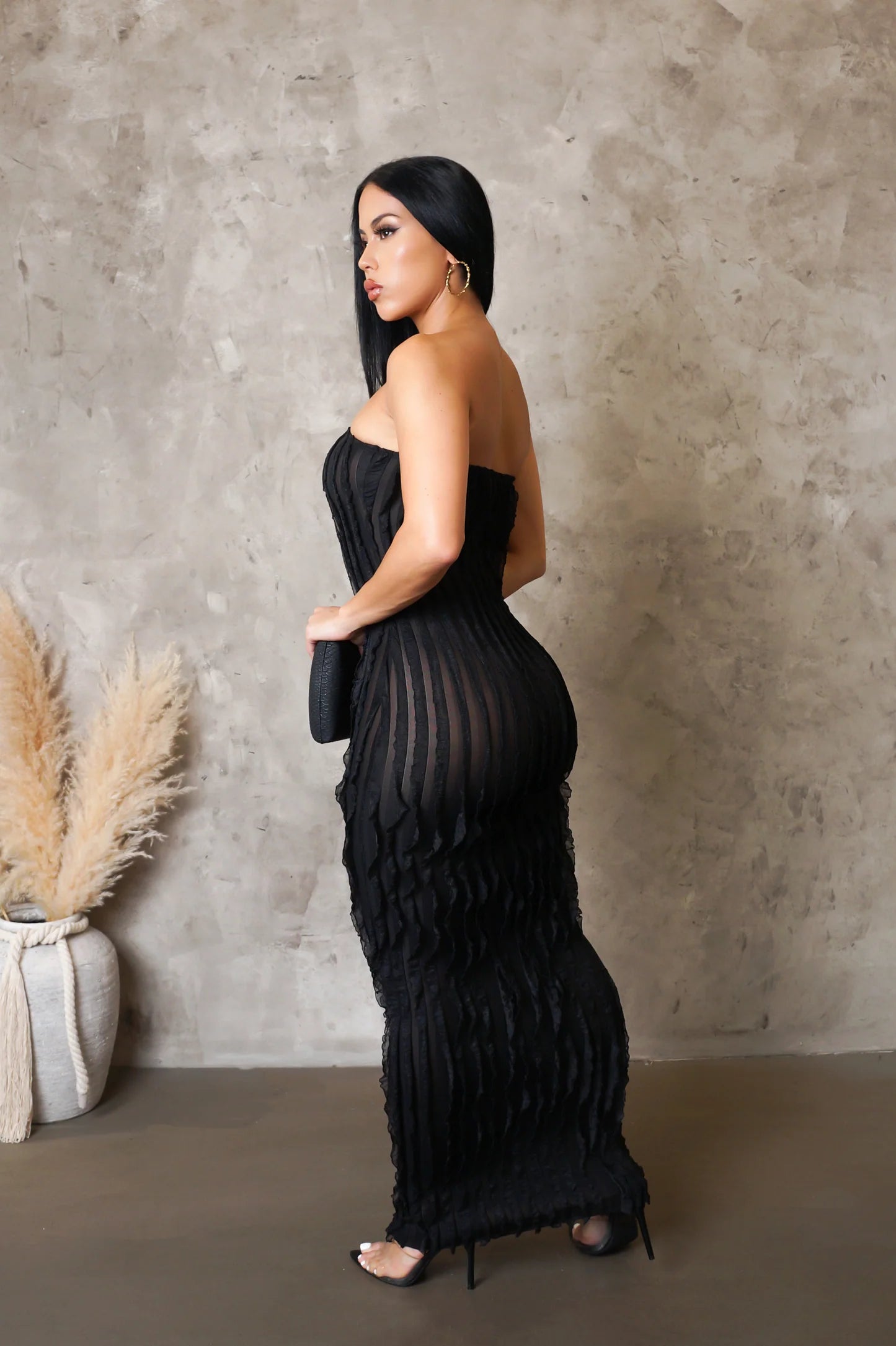 Ariella Strapless Ruffle Midi Dress Black - Ali’s Couture 