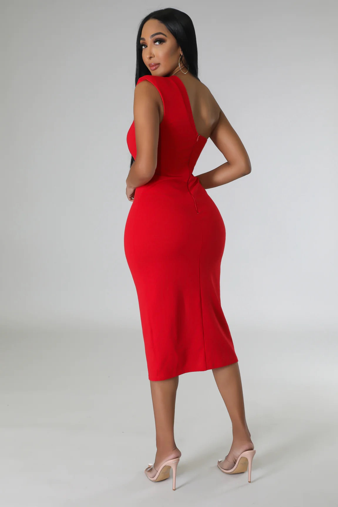 All That Class One Shoulder Midi Dress Red - Ali’s Couture 