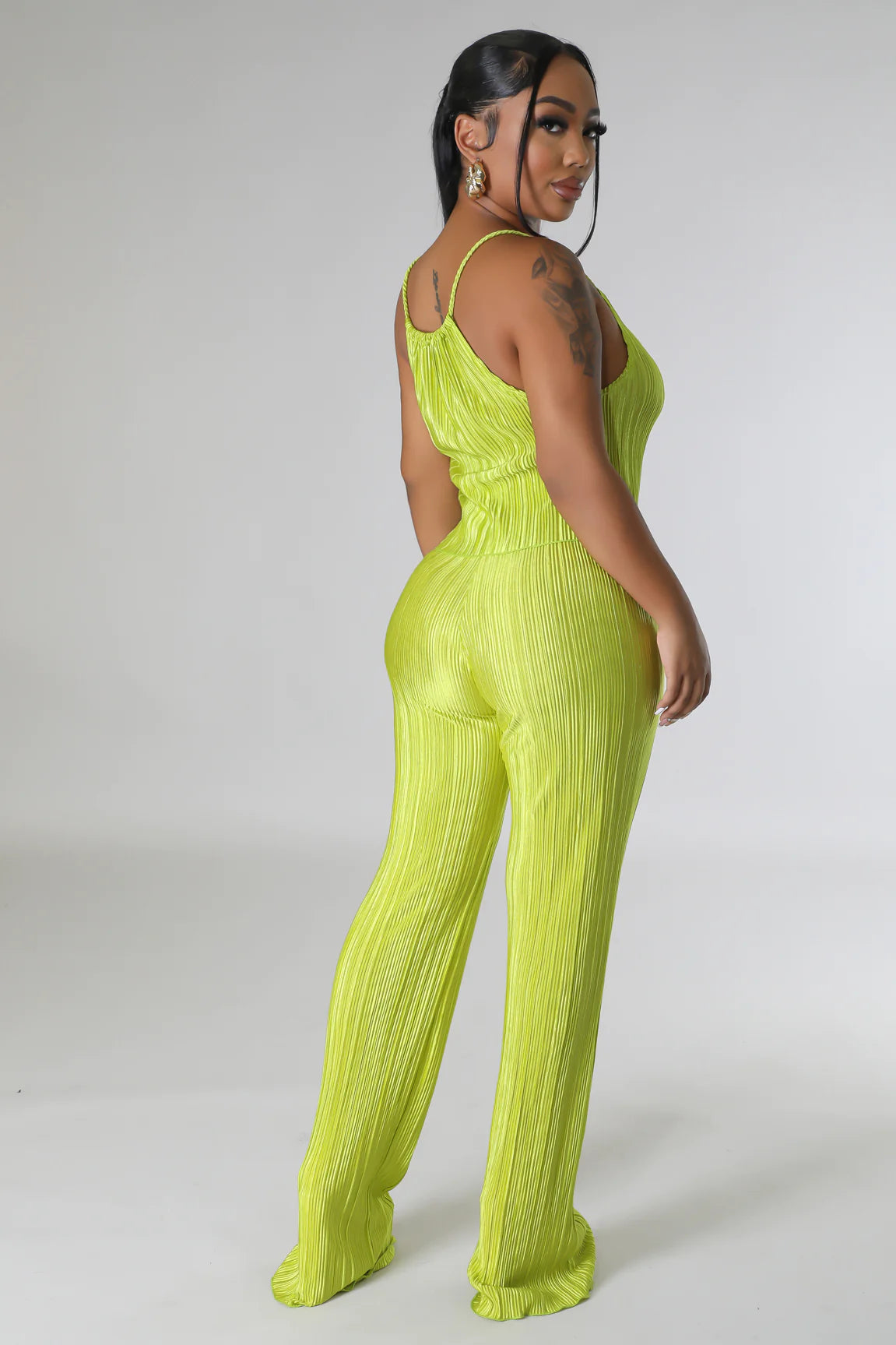Salma Plisse Pant Set Chartreuse - FINAL SALE - Ali’s Couture 