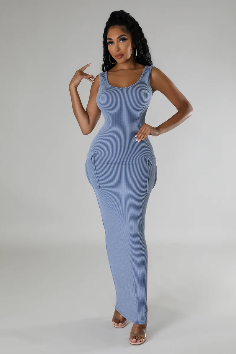 Finding Comfort Ribbed Midi Dress Blue - Ali’s Couture 