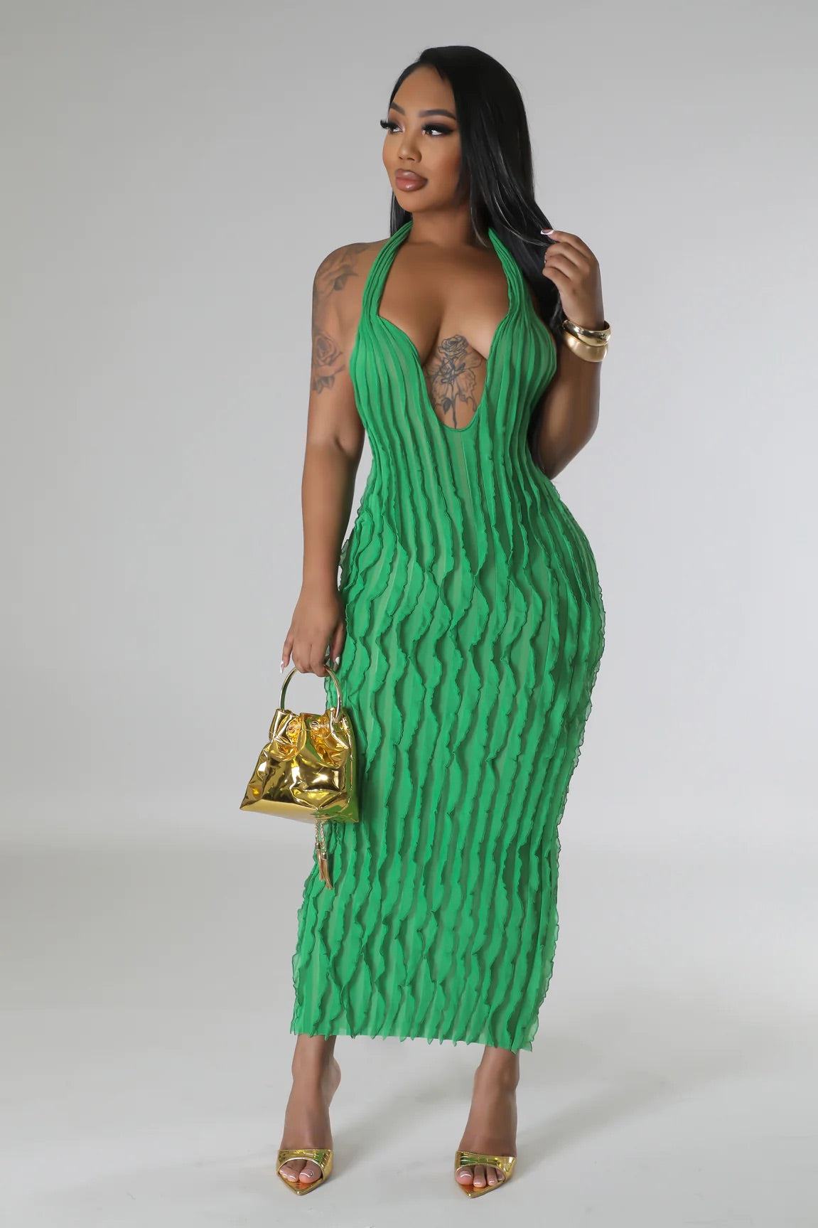 Truffle Ruffle Midi Dress Green - Ali’s Couture 