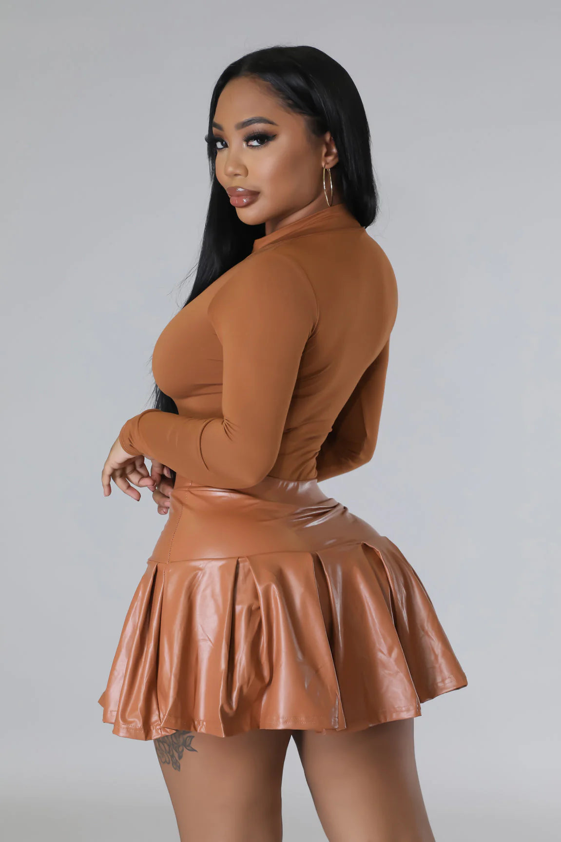 River High Faux Leather Skirt Set Mocha - Ali’s Couture 