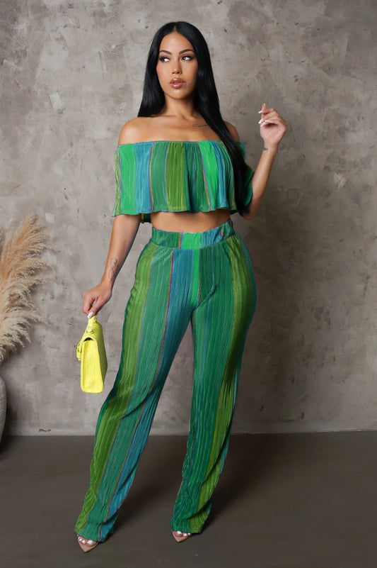 Quiana Off The Shoulder Plisse Pant Set Multi Green - Ali’s Couture 