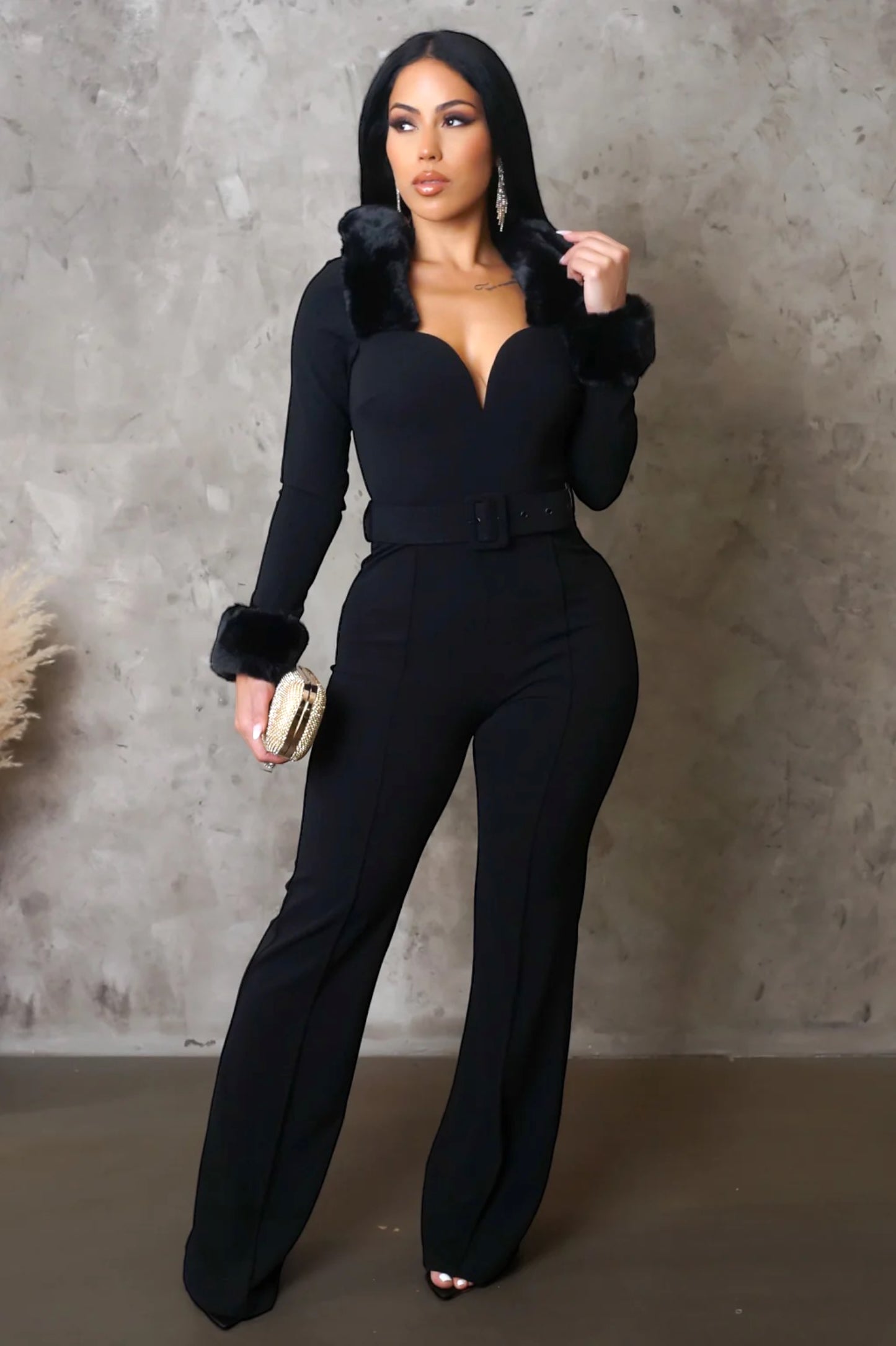 Odette Fur Trim Jumpsuit Black - Ali’s Couture 