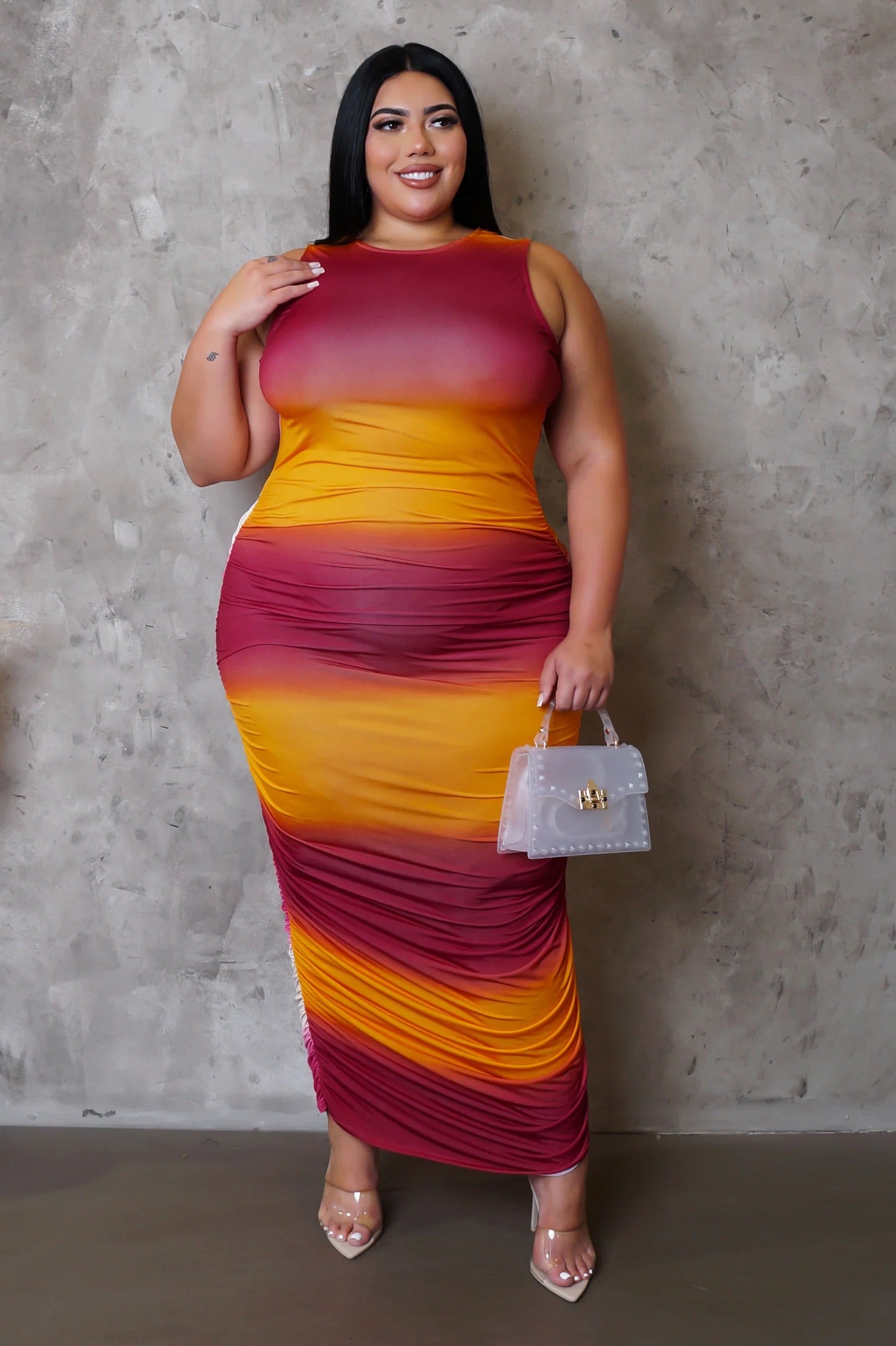 Sweet Sunset Ruched Midi Dress Multi Pink (Curvy) - Ali’s Couture 
