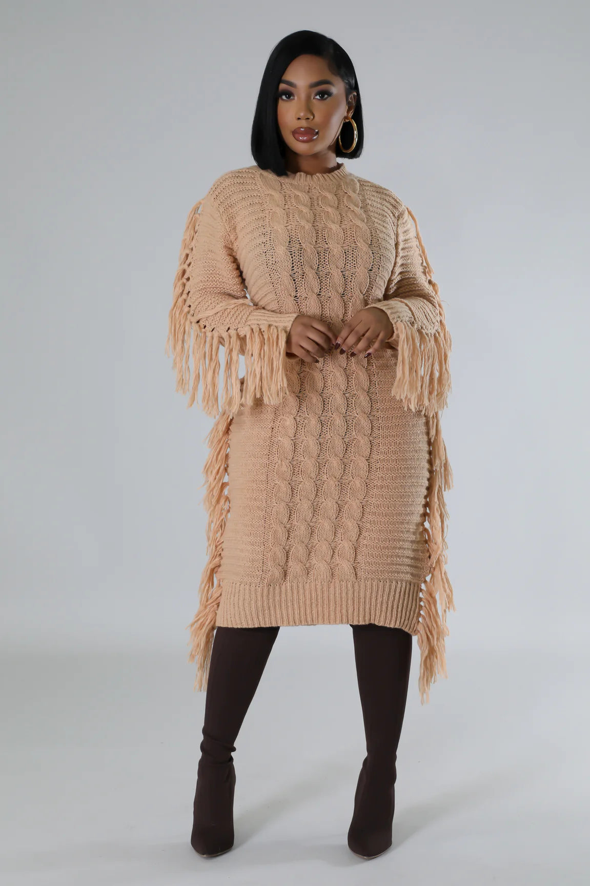 Fallyn Fringe Sweater Midi Dress Khaki - Ali’s Couture 