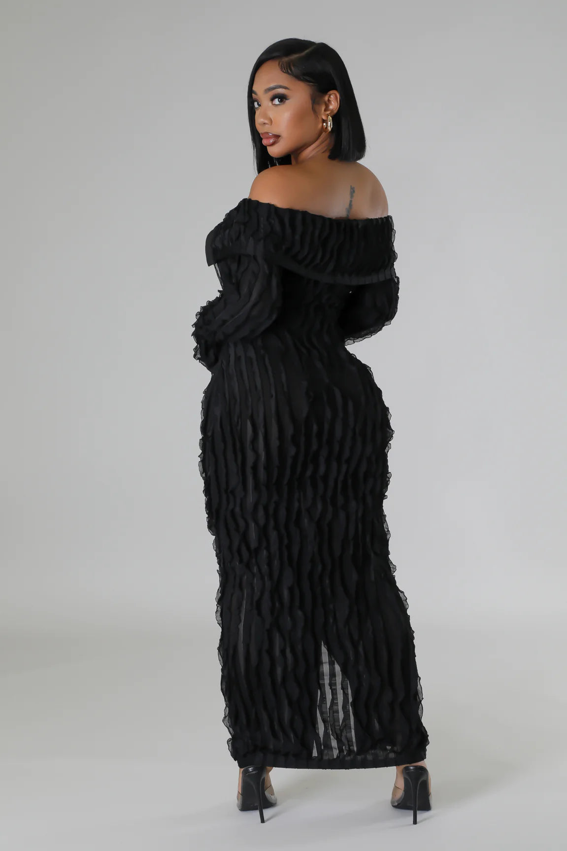Kaia Sheer Ruffle Midi Dress Black - Ali’s Couture 