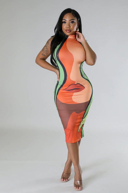 Tender Kisses Printed Midi Dress Multi Orange - Ali’s Couture 