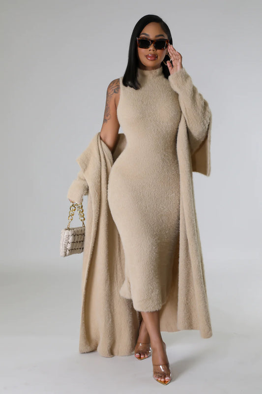 Fuzzy Moments Cardigan Midi Dress Set Taupe - Ali’s Couture 