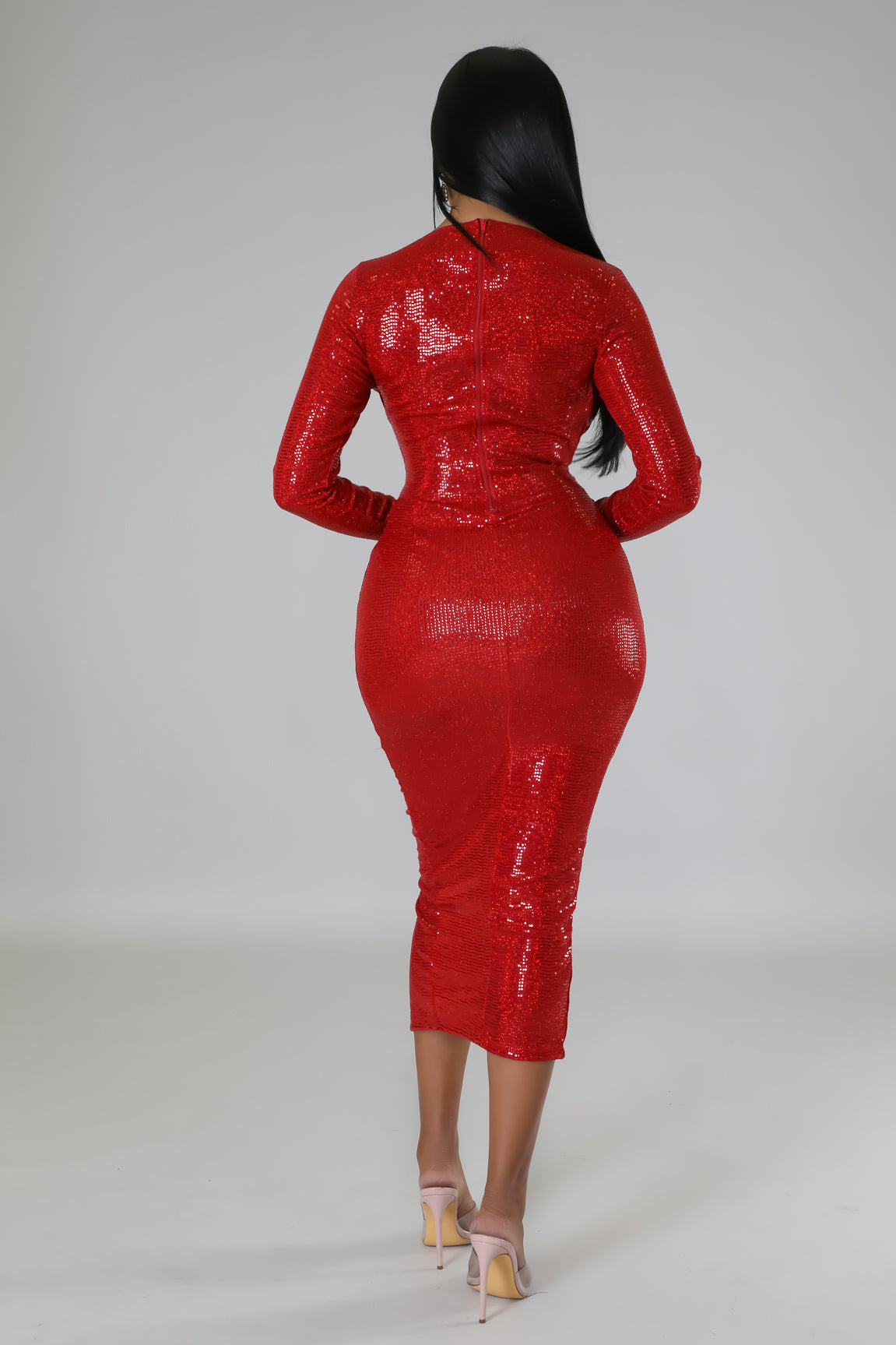 Shimmer and Shine Long Sleeve Midi Dress Red - Ali’s Couture 