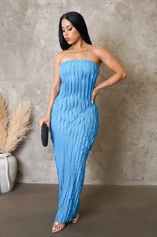 Ariella Strapless Ruffle Midi Dress Blue - Ali’s Couture 