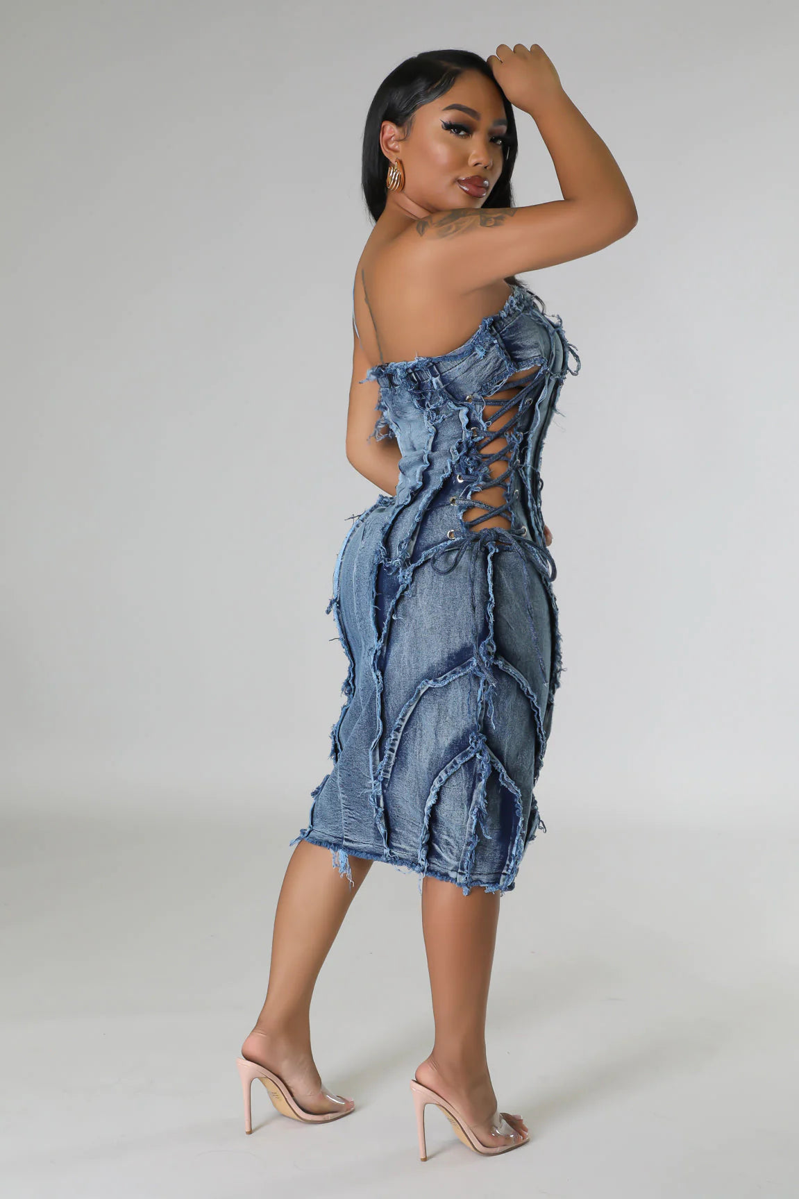 Ruff Edges Denim Midi Dress Medium Wash - Ali’s Couture 