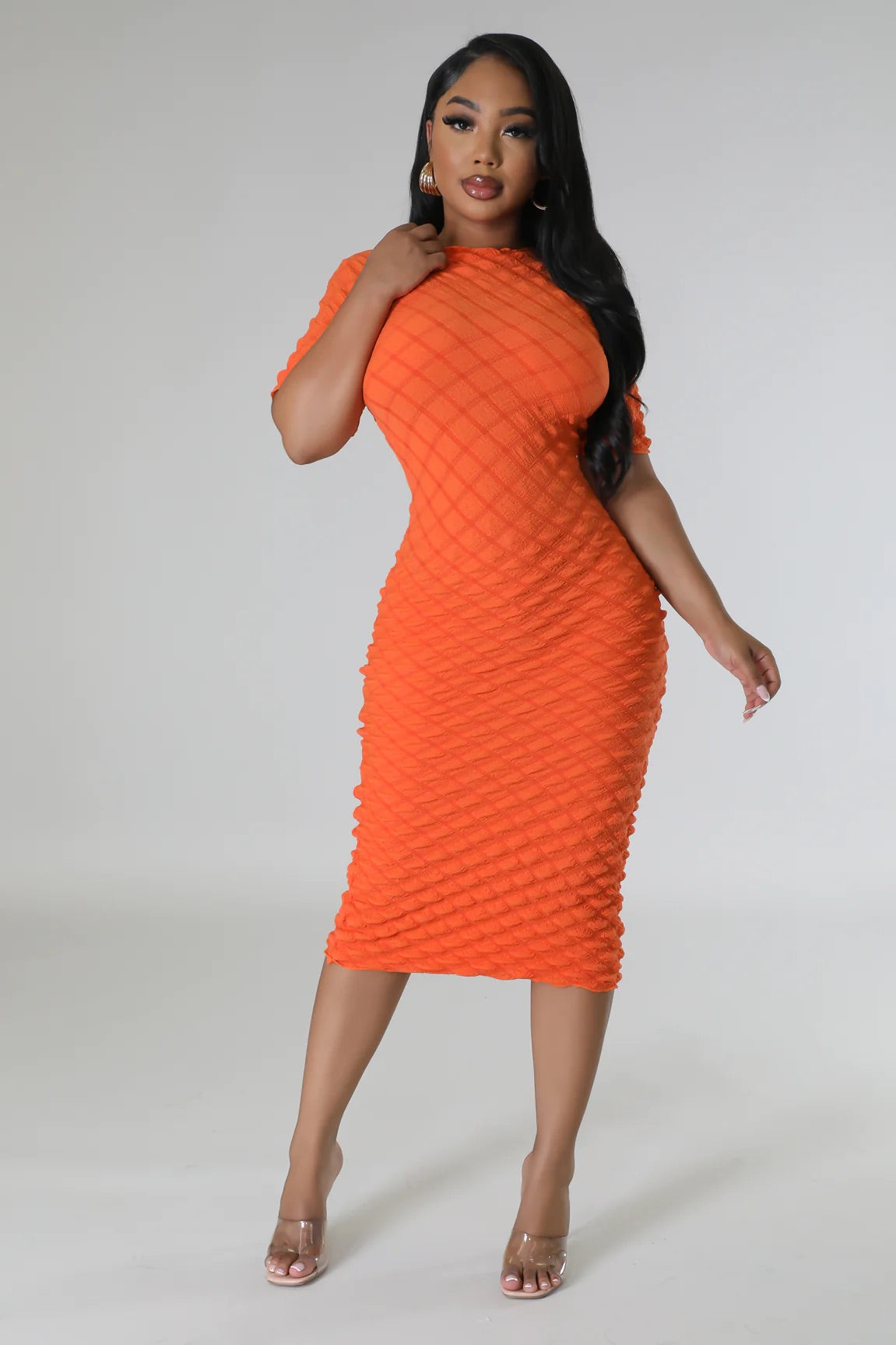 Bubbly Moment Textured Midi Dress Orange - Ali’s Couture 