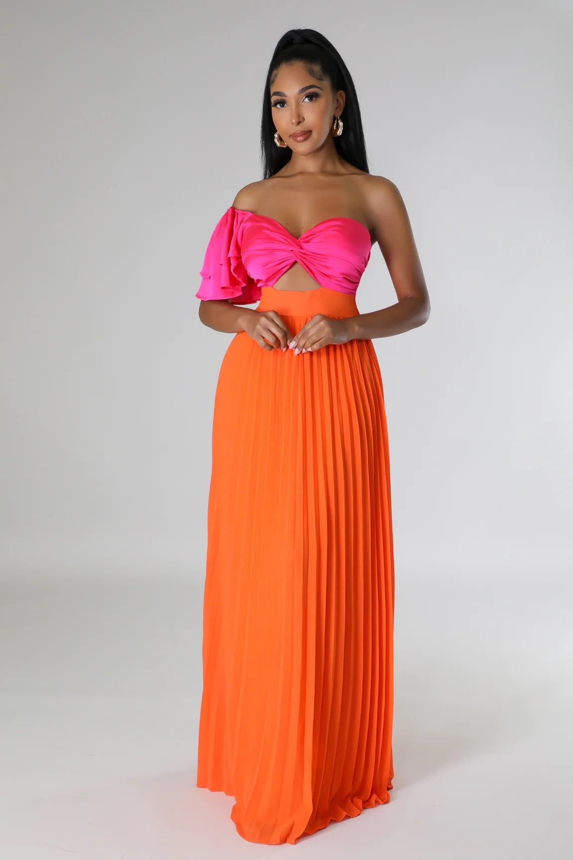 Sorbet Satin One Shoulder Maxi Dress Multi Orange - Ali’s Couture 