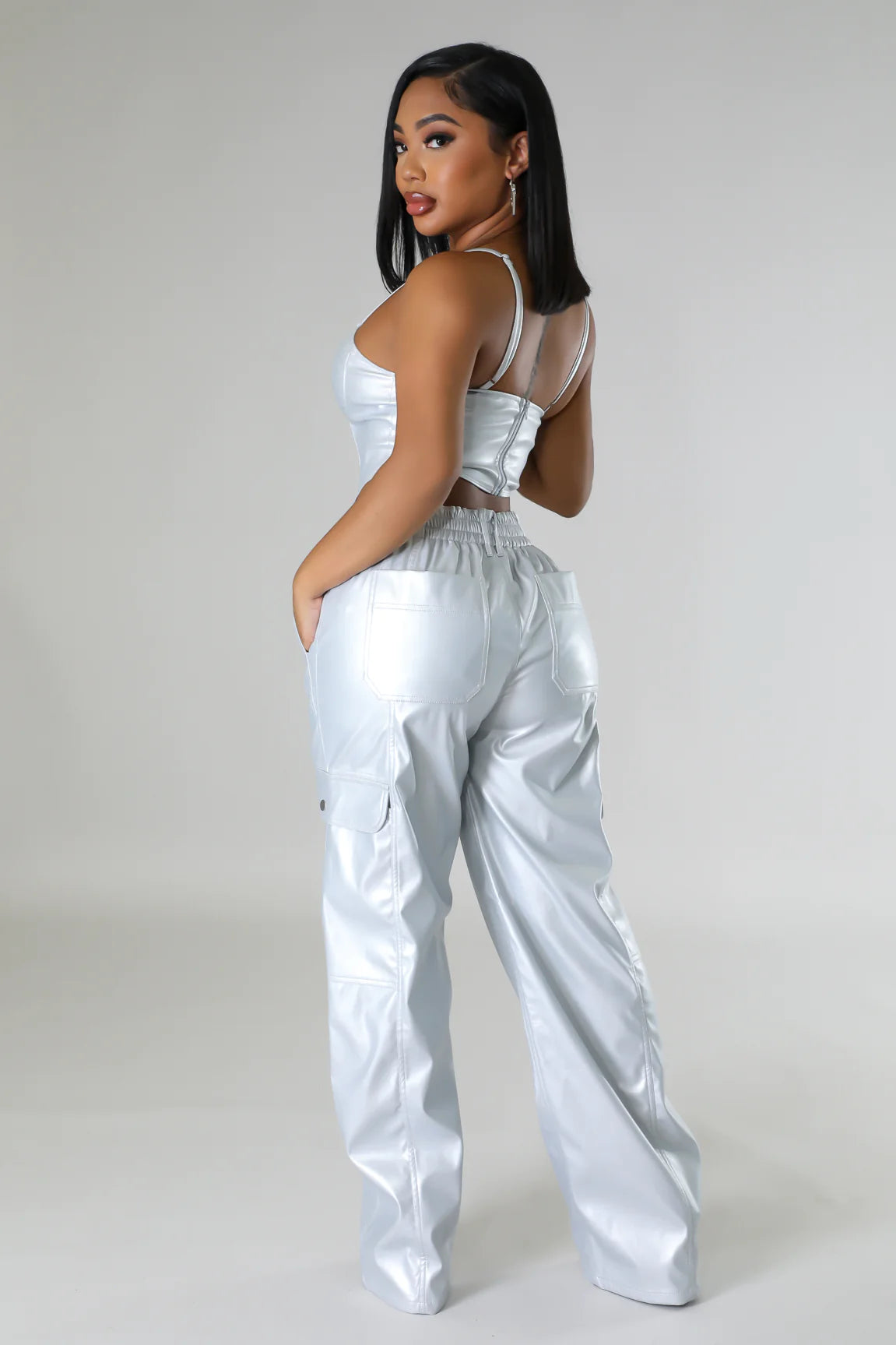 Diva Faux Leather Pant Set Silver - Ali’s Couture 