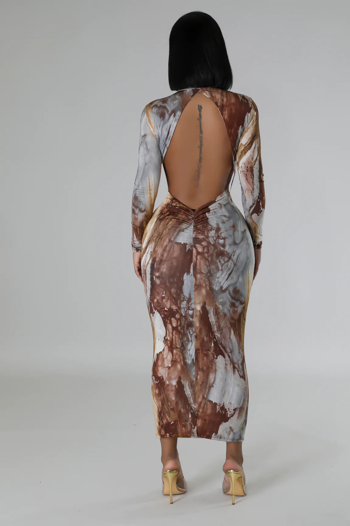 Gaze Abstract Printed Midi Dress Multi Brown - Ali’s Couture 