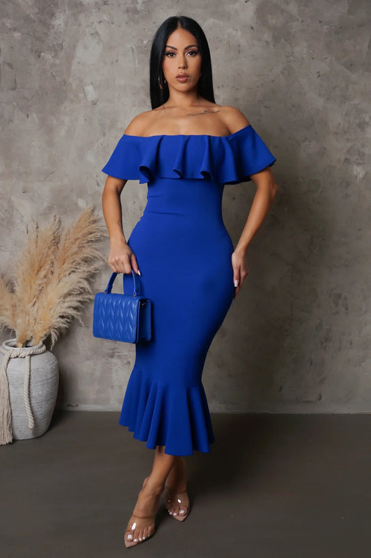 Classical Love Off The Shoulder Midi Dress Blue - FINAL SALE - Ali’s Couture 