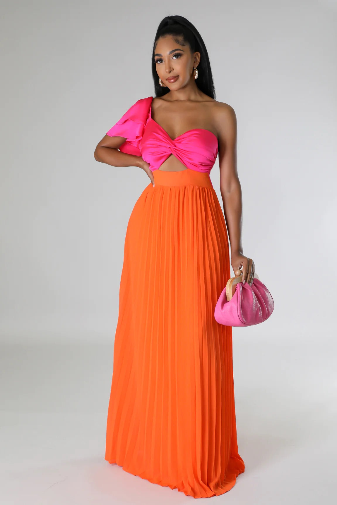 Sorbet Satin One Shoulder Maxi Dress Multi Orange - Ali’s Couture 