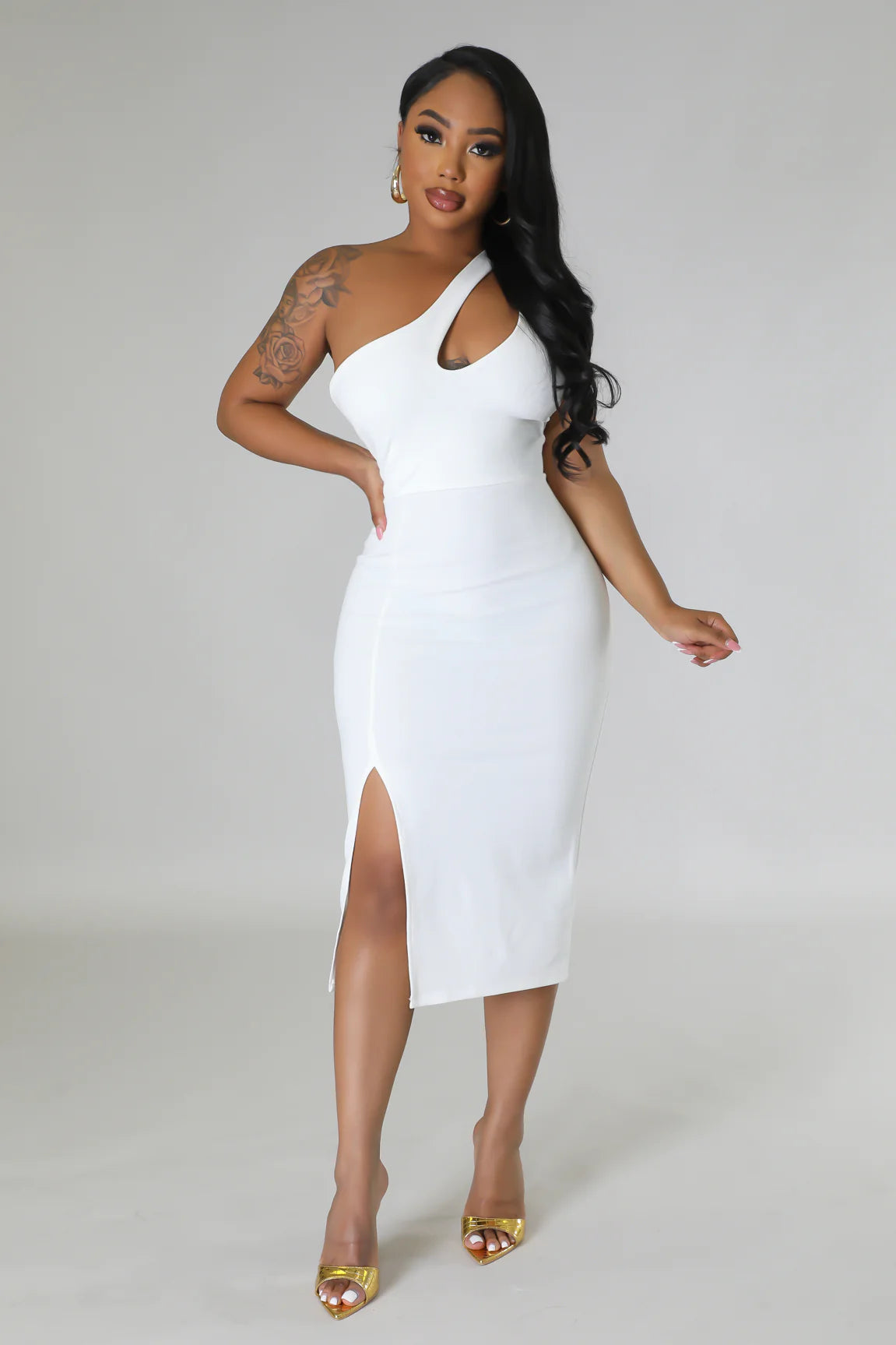 All That Class One Shoulder Midi Dress Ivory - Ali’s Couture 