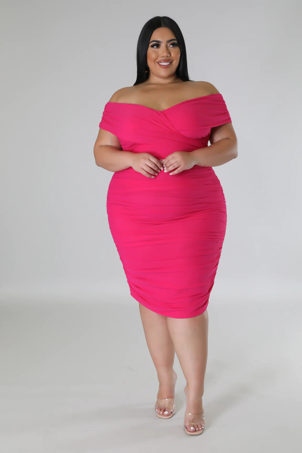 Anya Ruched Mesh Off The Shoulder Midi Dress Fuchsia (Curvy) | Alis, 3X Anya Ruched Mesh Off The Shoulder Midi Dress Fuchsia (Curvy) | Alis, 3X