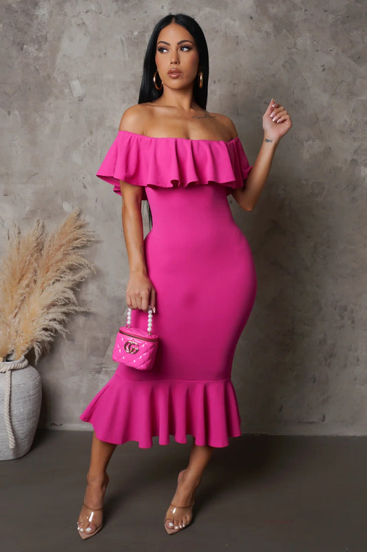Classical Love Off The Shoulder Midi Dress Fuchsia - FINAL SALE - Ali’s Couture 