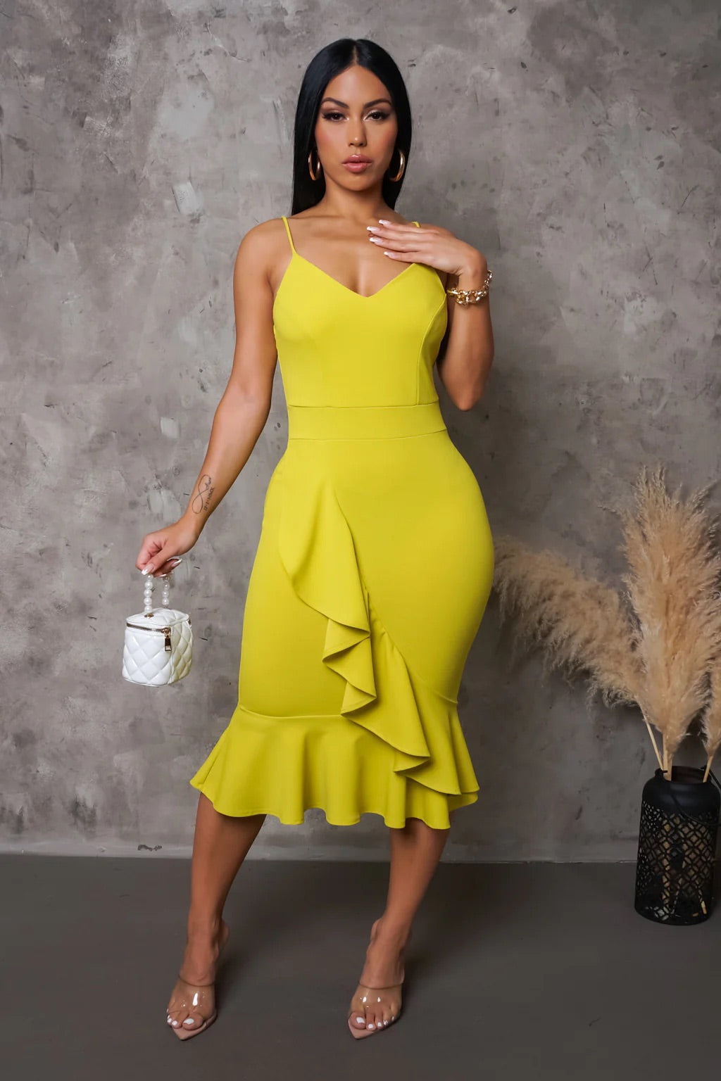 Keep Dancing Ruffle Hem Midi Dress Yellow - Ali’s Couture 