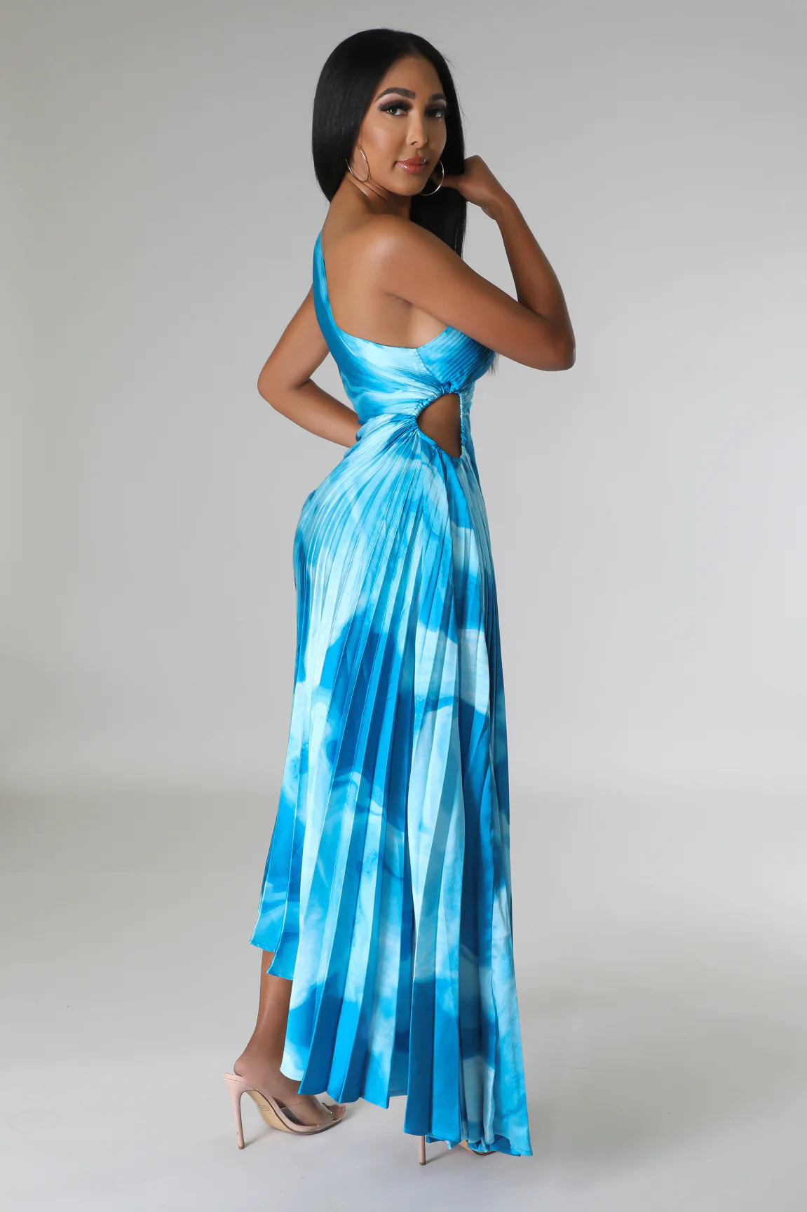 Monae One Shoulder Pleated Midi Dress Multi Blue - Ali’s Couture 