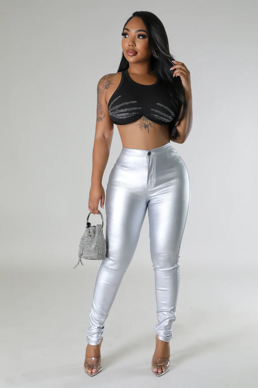 Glitzy Metallic Faux Leather Pants Silver - Ali’s Couture 