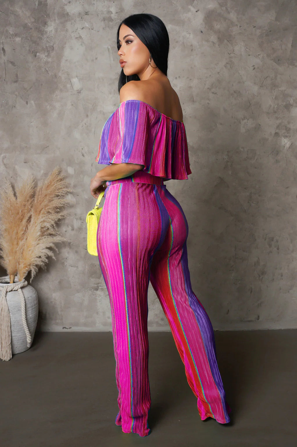 Quiana Off The Shoulder Plisse Pant Set Multi Purple - Ali’s Couture 