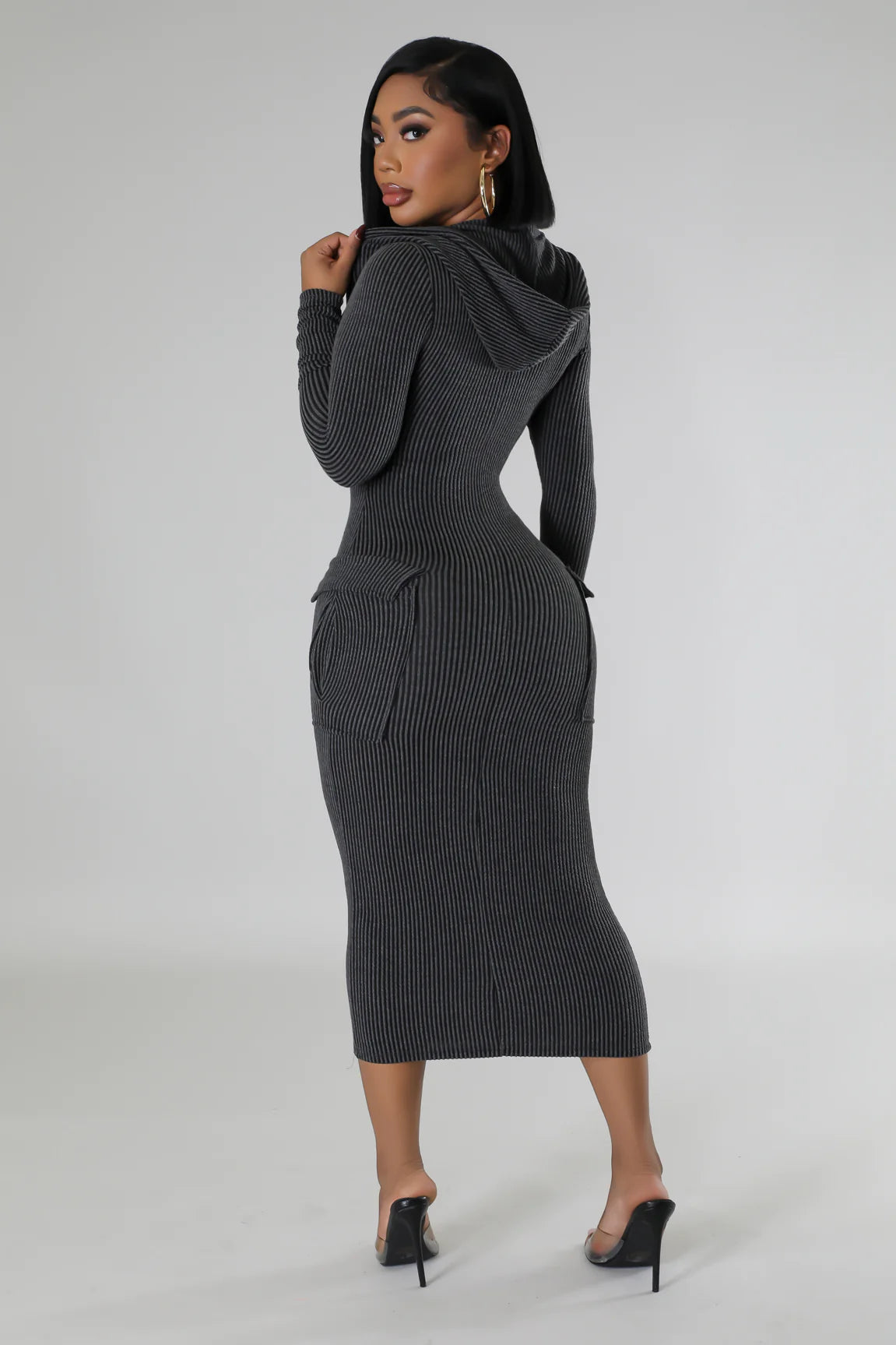 Casual Moment Ribbed Midi Dress Set Charcoal
